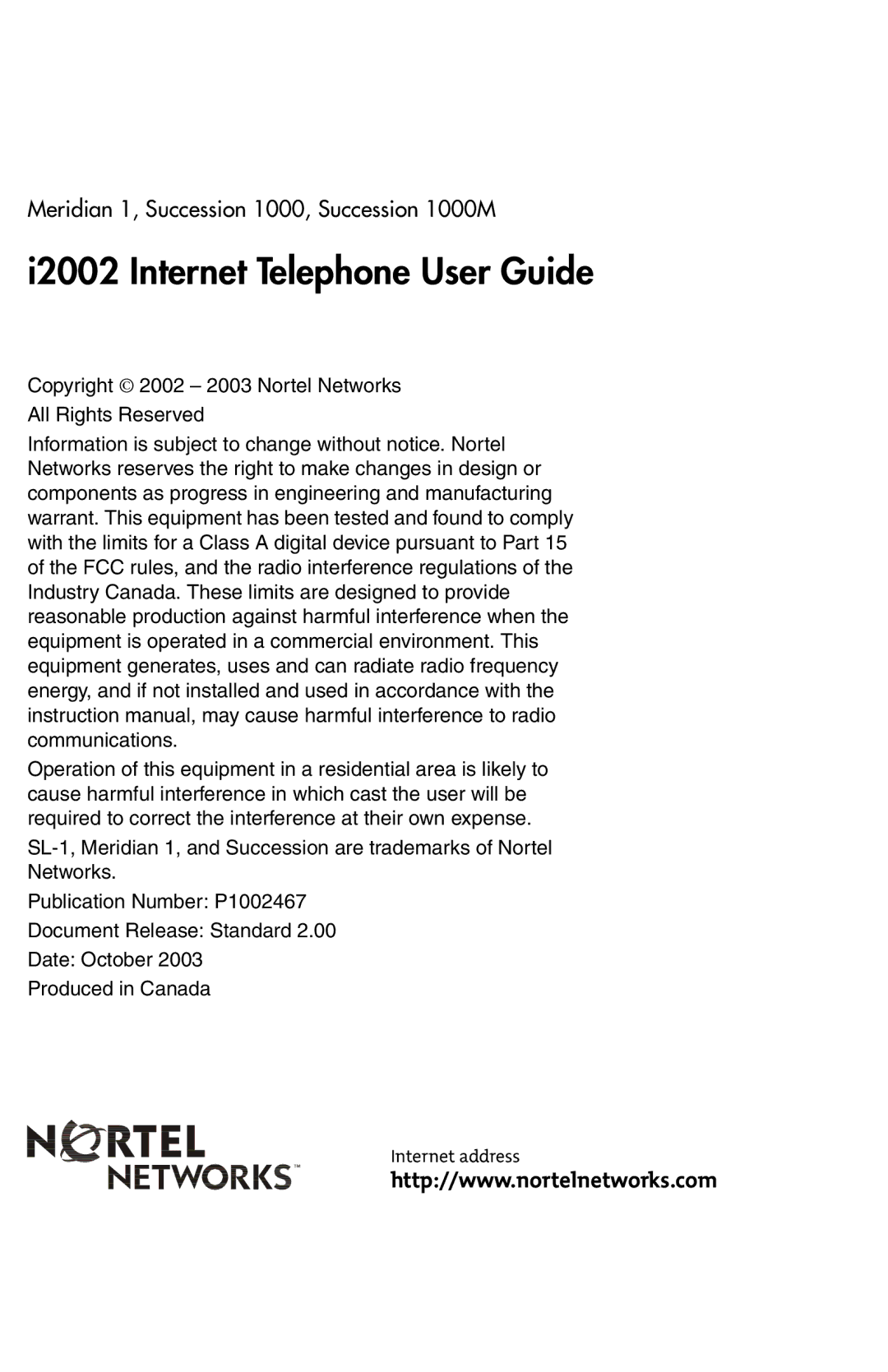 Nortel Networks i2002 manual I2002 Internet Telephone User Guide 