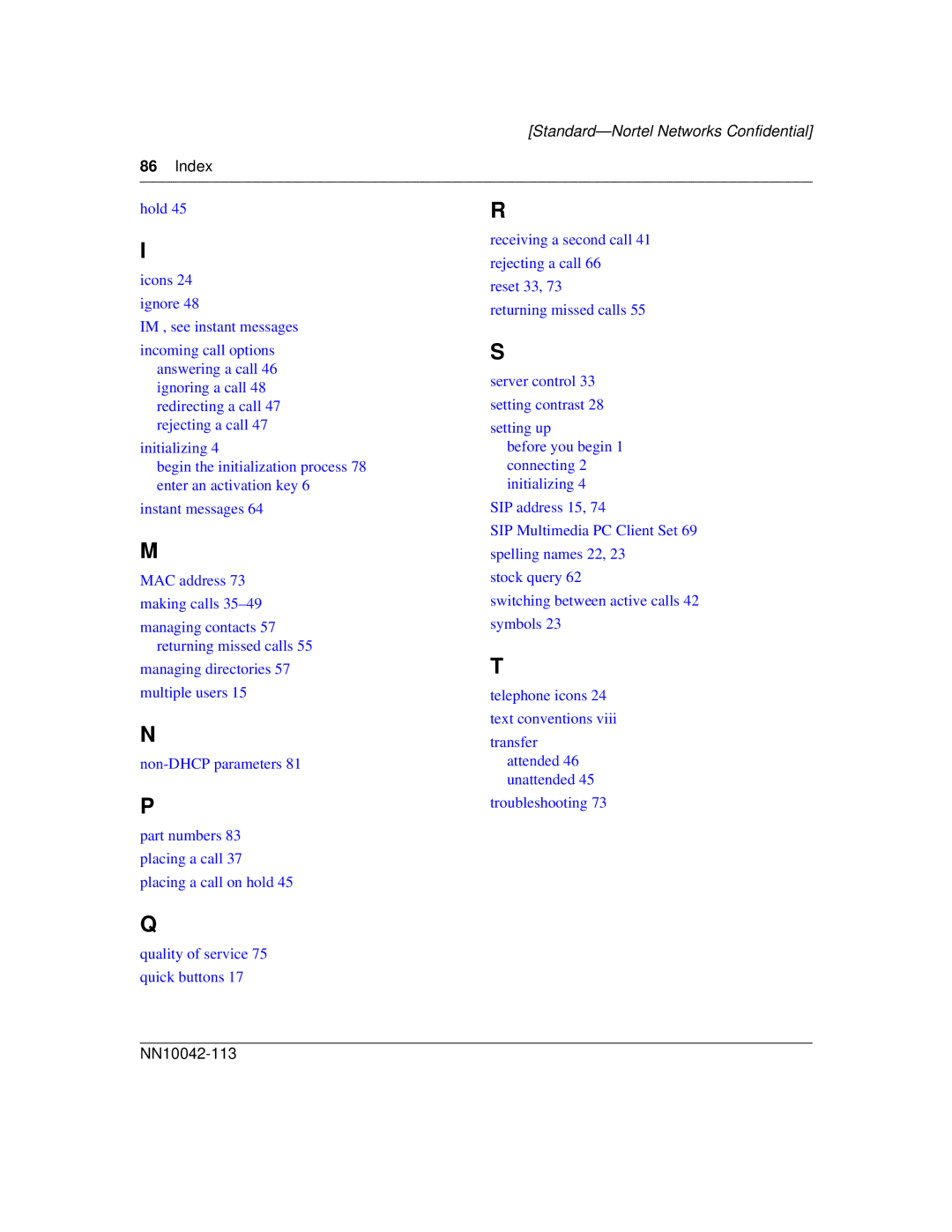 Nortel Networks i2004 manual Index 