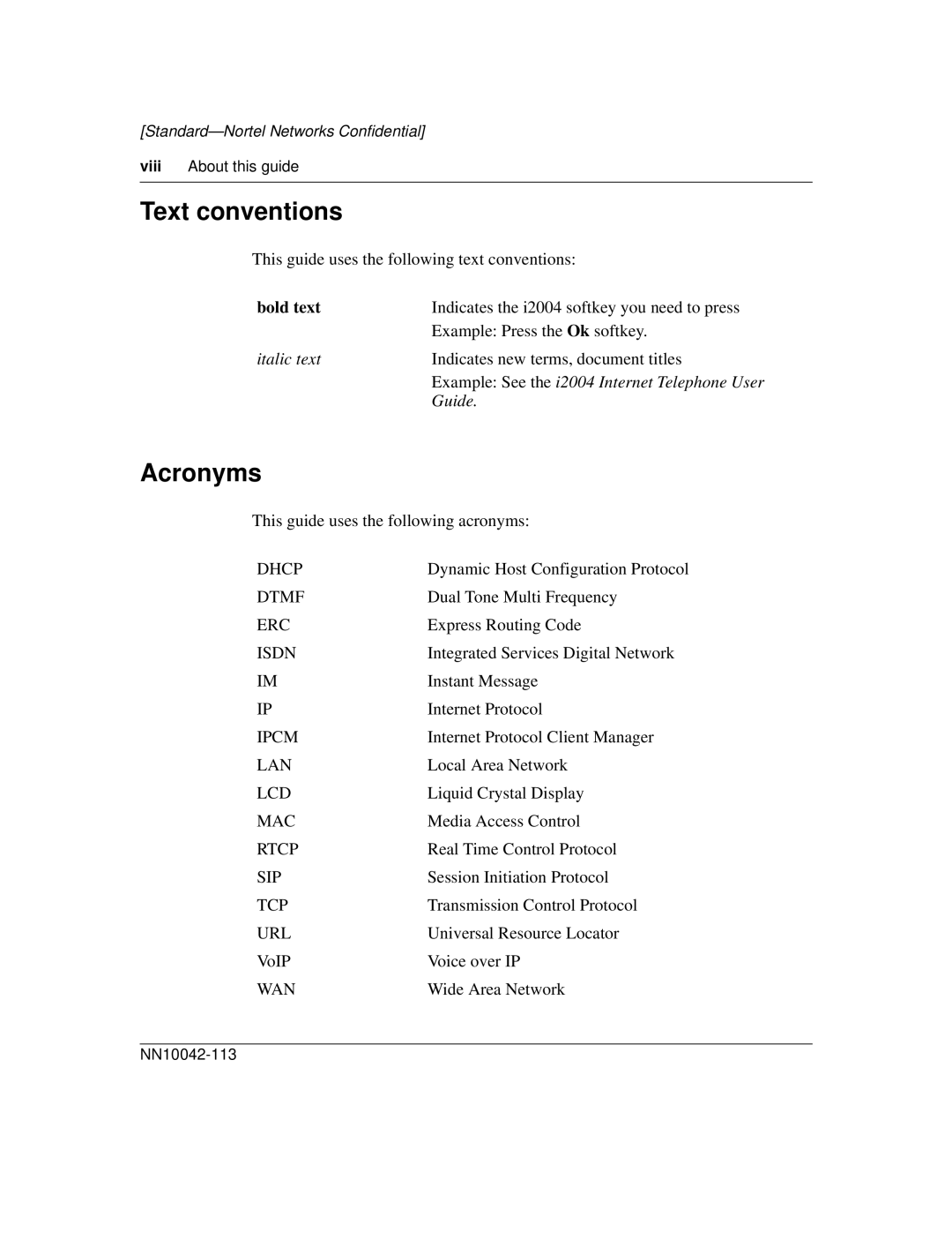 Nortel Networks i2004 manual Text conventions, Acronyms, Viii About this guide 