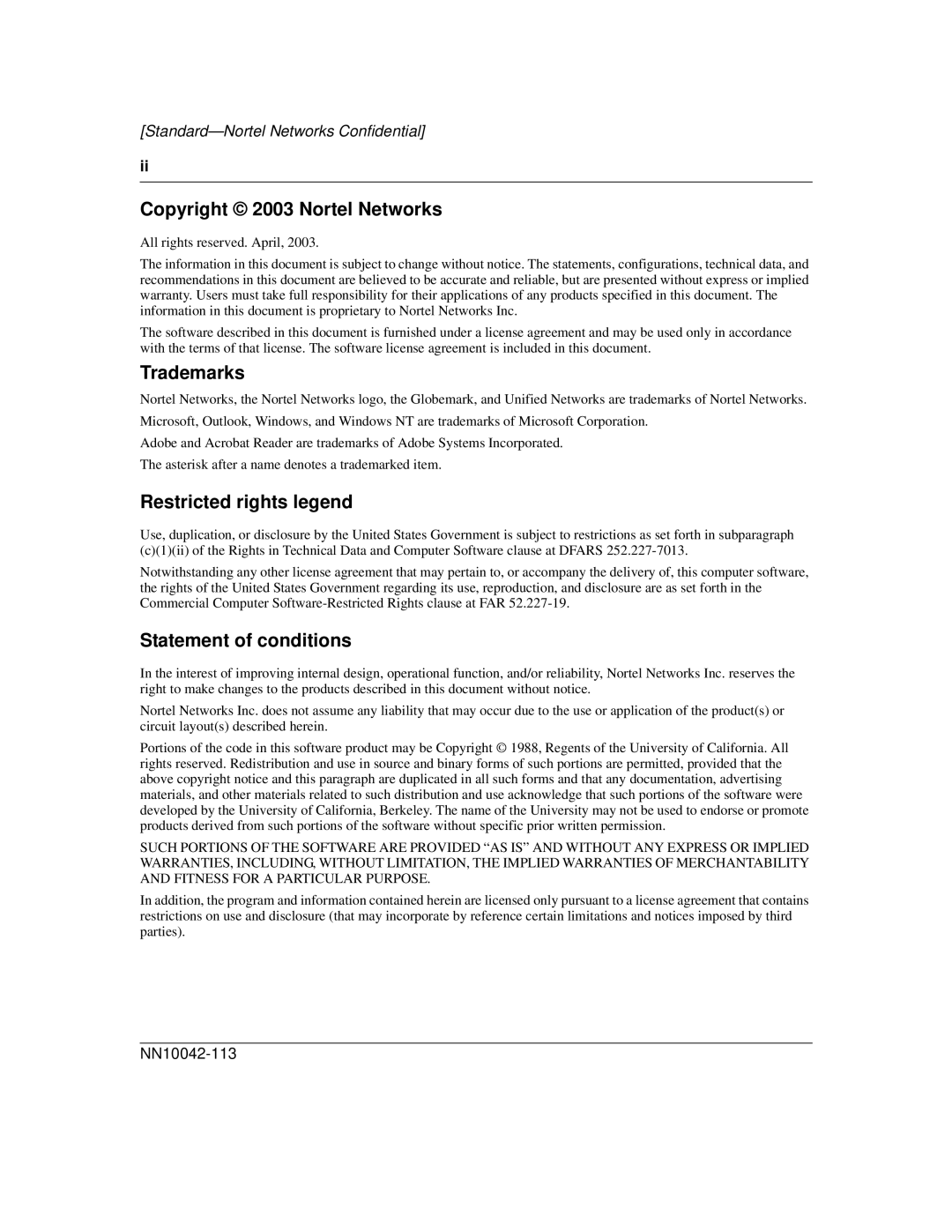 Nortel Networks i2004 manual Copyright 2003 Nortel Networks, Trademarks, Restricted rights legend, Statement of conditions 