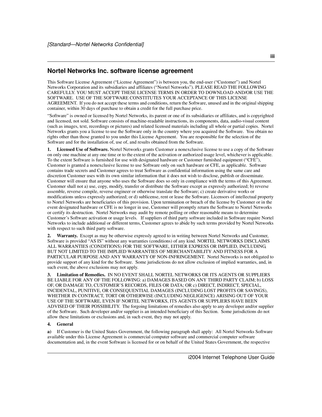 Nortel Networks i2004 manual Nortel Networks Inc. software license agreement, I2004 Internet Telephone User Guide 