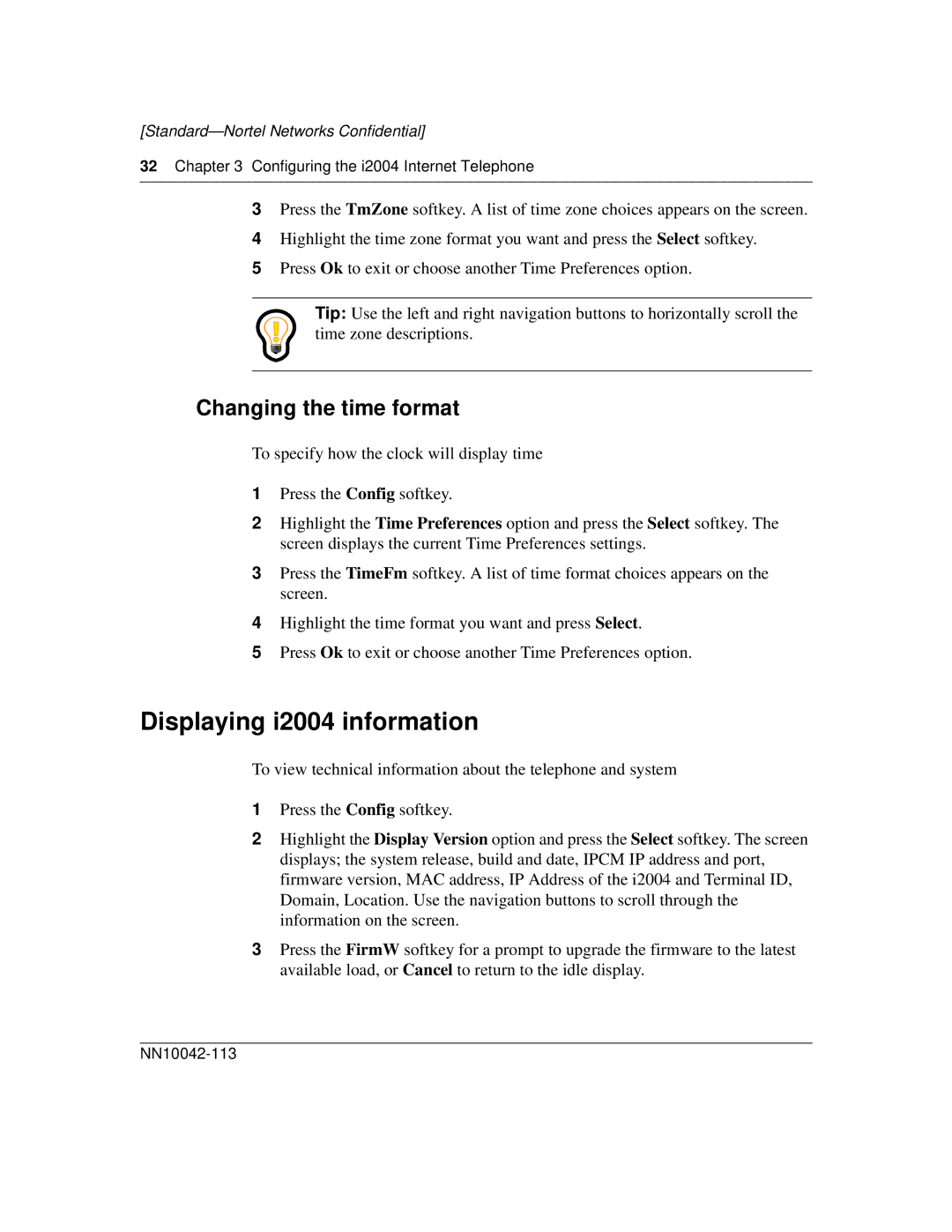 Nortel Networks manual Displaying i2004 information, Changing the time format 