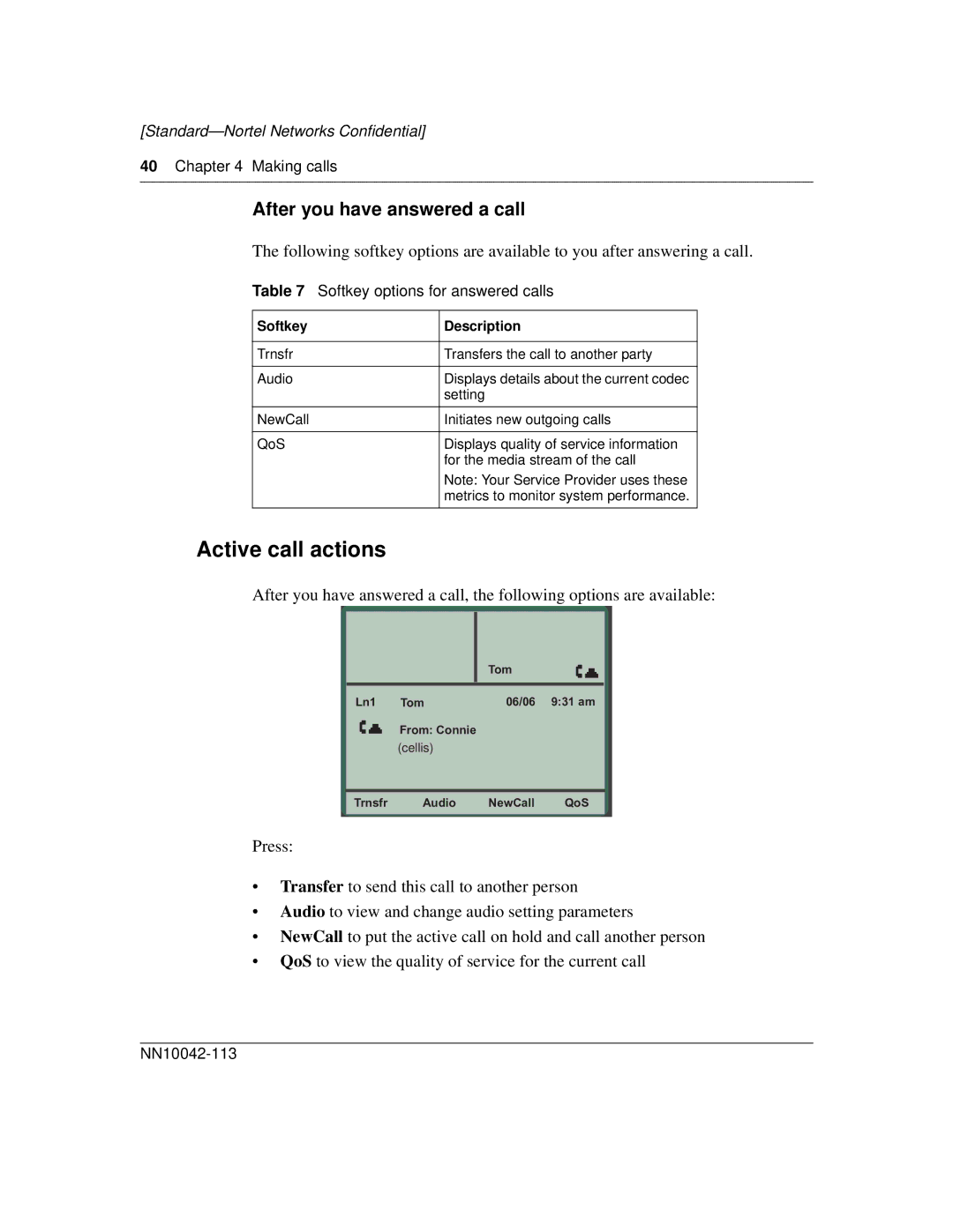 Nortel Networks i2004 Active call actions, After you have answered a call, Softkey options for answered calls, Description 