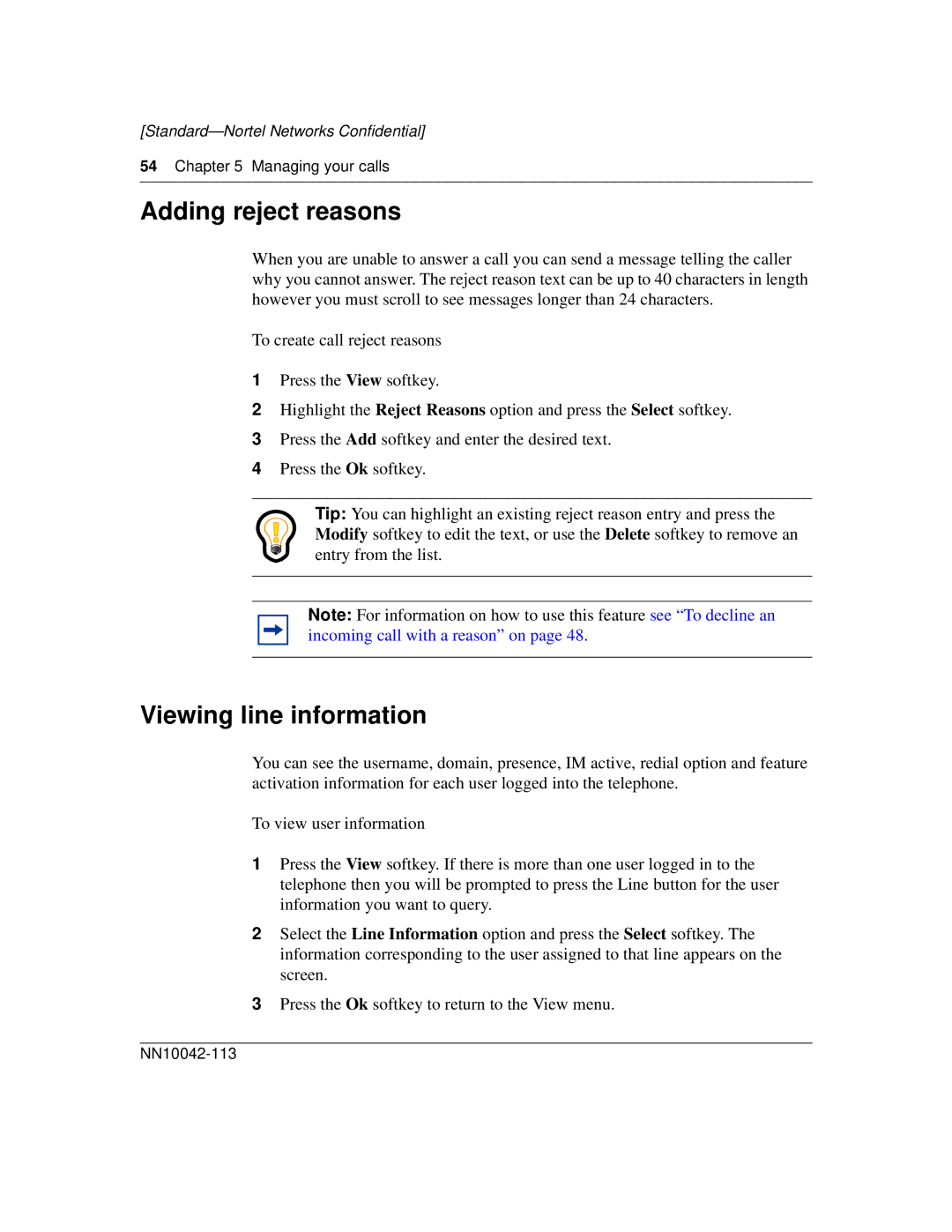 Nortel Networks i2004 manual Adding reject reasons, Viewing line information 