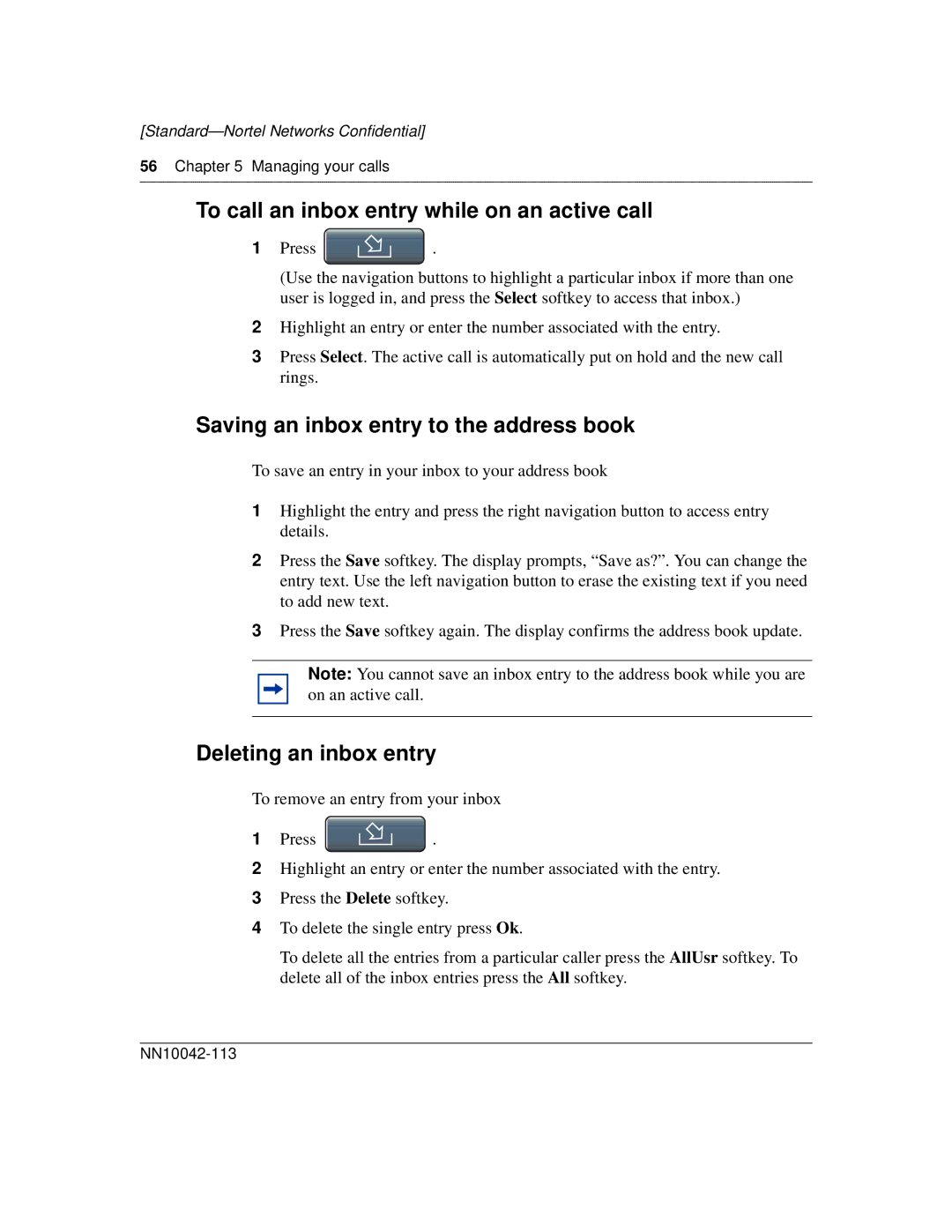 Nortel Networks i2004 manual To call an inbox entry while on an active call, Saving an inbox entry to the address book 