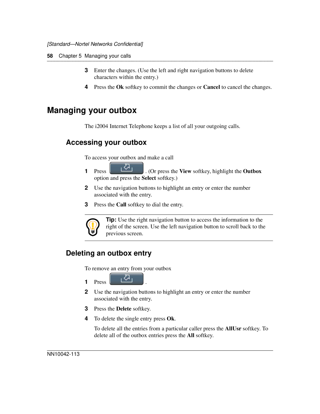 Nortel Networks i2004 manual Managing your outbox, Accessing your outbox, Deleting an outbox entry 