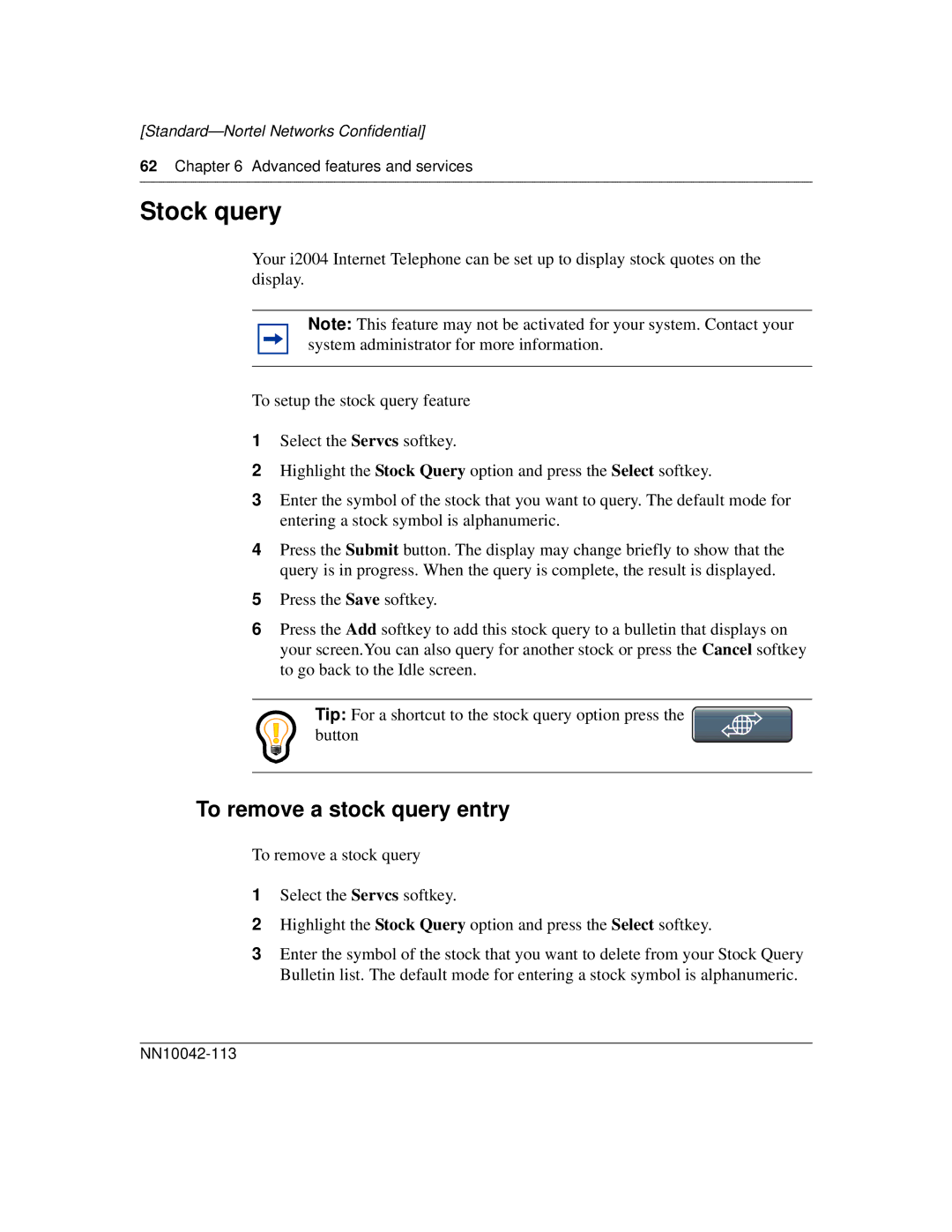 Nortel Networks i2004 manual Stock query, To remove a stock query entry, Advanced features and services 