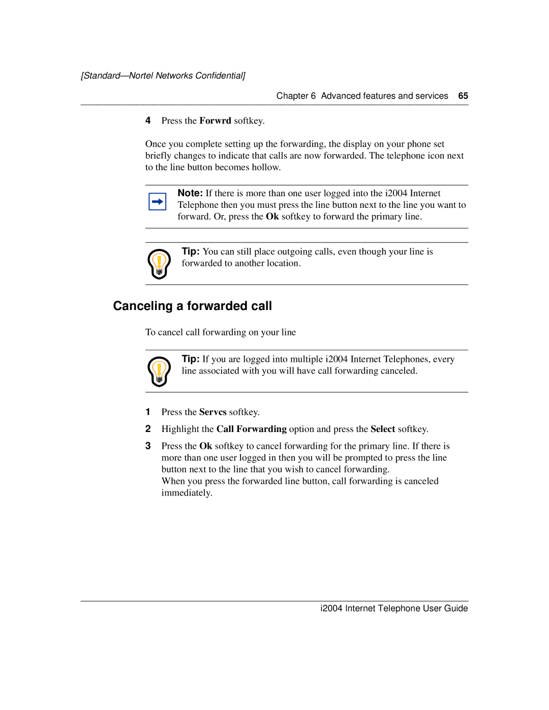 Nortel Networks i2004 manual Canceling a forwarded call 