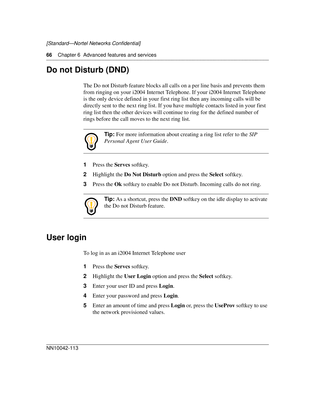 Nortel Networks i2004 manual Do not Disturb DND, User login 