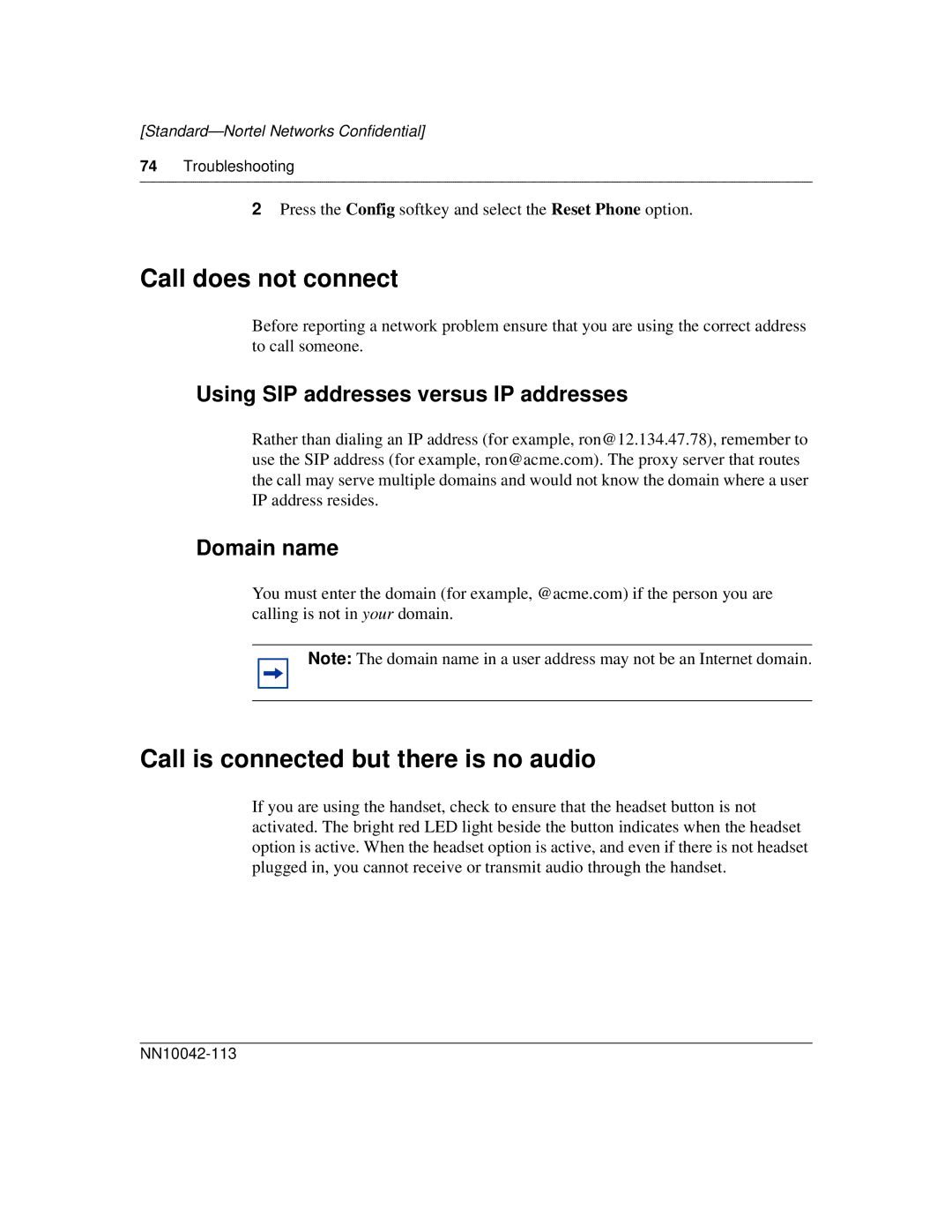 Nortel Networks i2004 manual Call does not connect, Call is connected but there is no audio, Domain name, Troubleshooting 