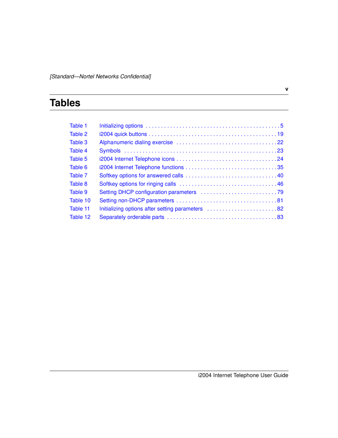 Nortel Networks i2004 manual Tables 