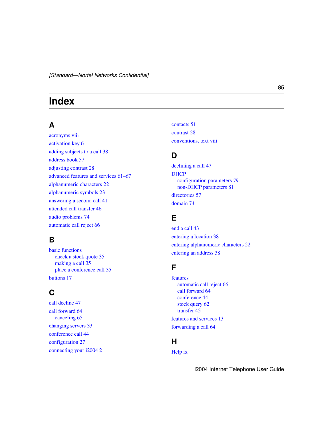 Nortel Networks i2004 manual Index, Dhcp 