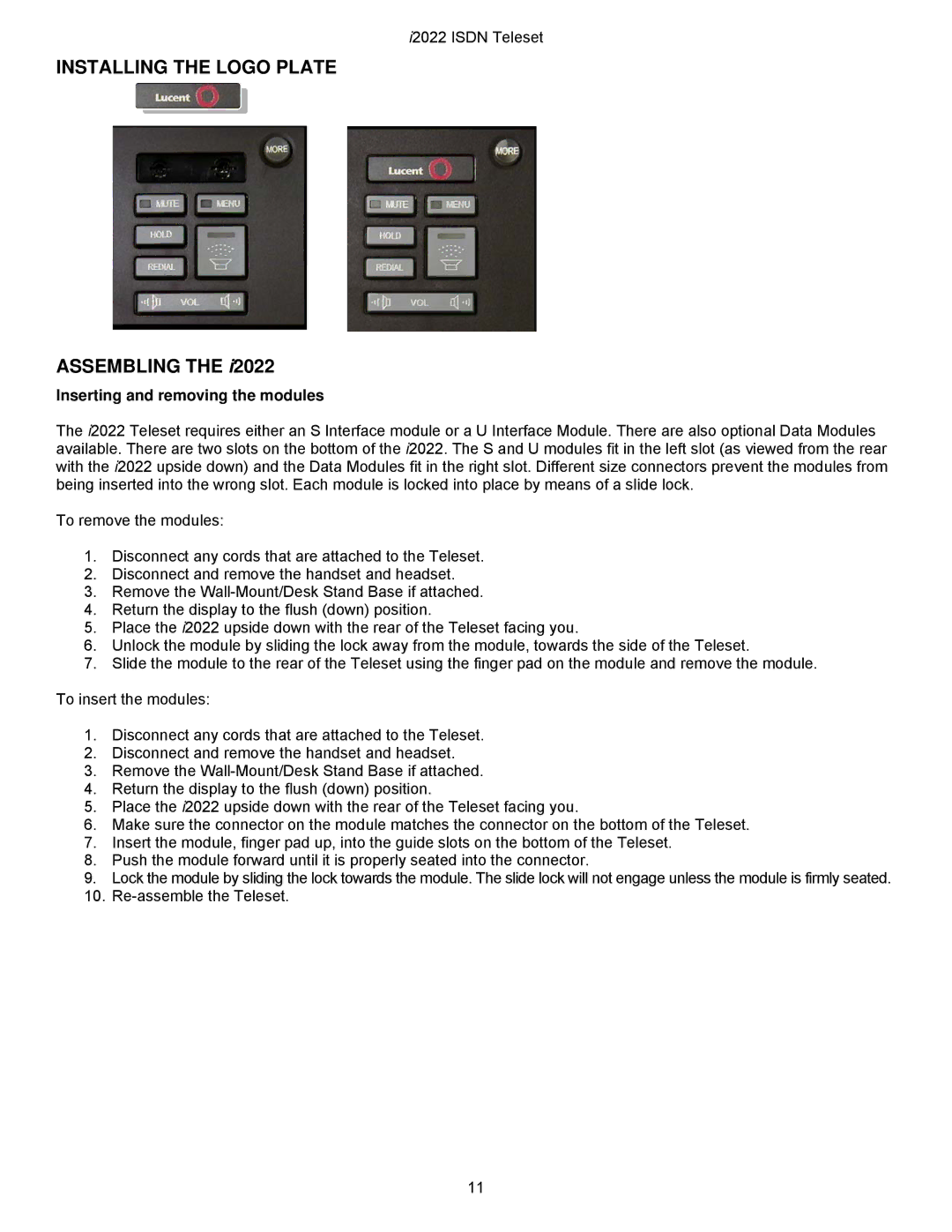 Nortel Networks i2022 Series manual Installing the Logo Plate, Inserting and removing the modules 