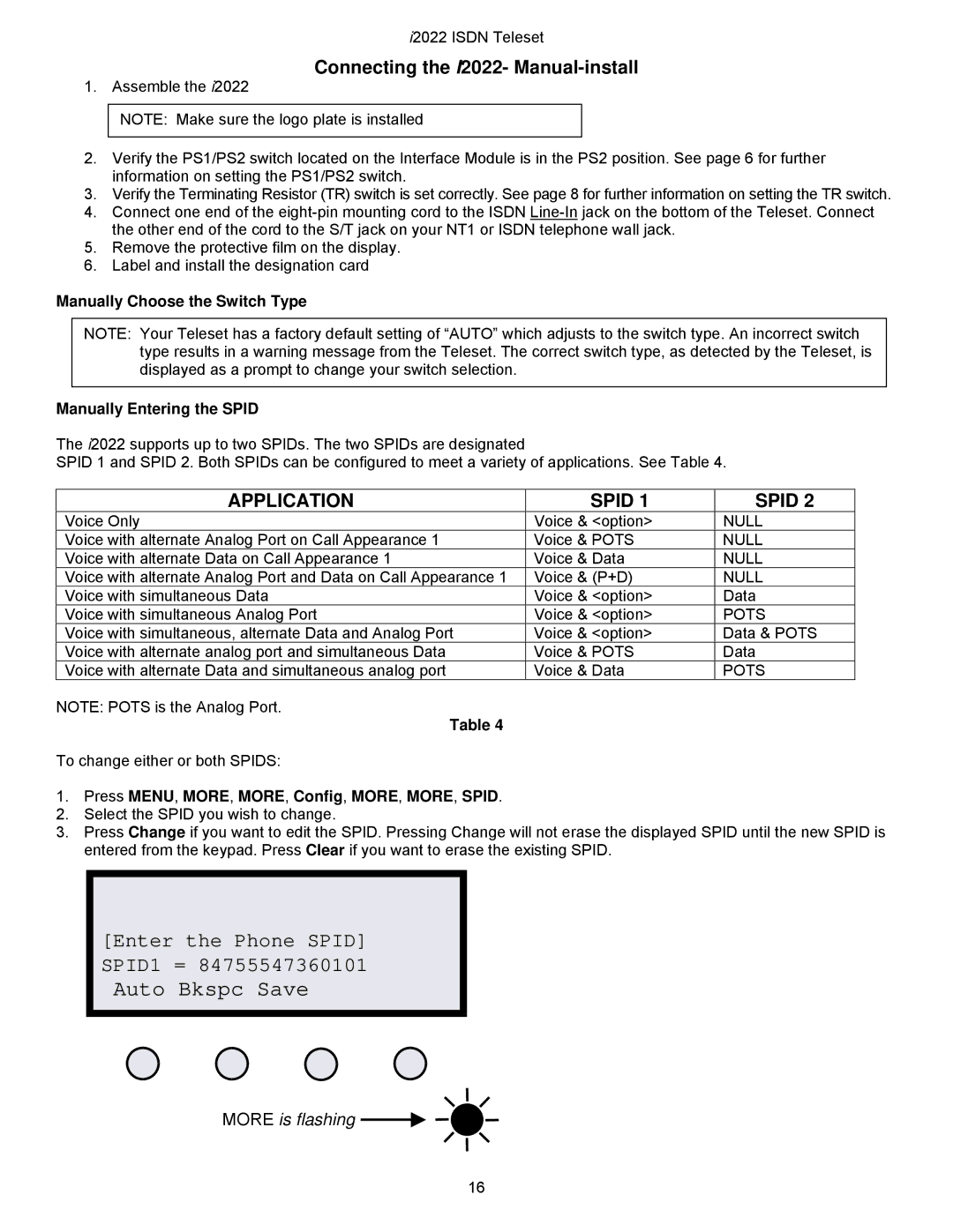 Nortel Networks i2022 Series manual Application, Manually Choose the Switch Type Manually Entering the Spid 