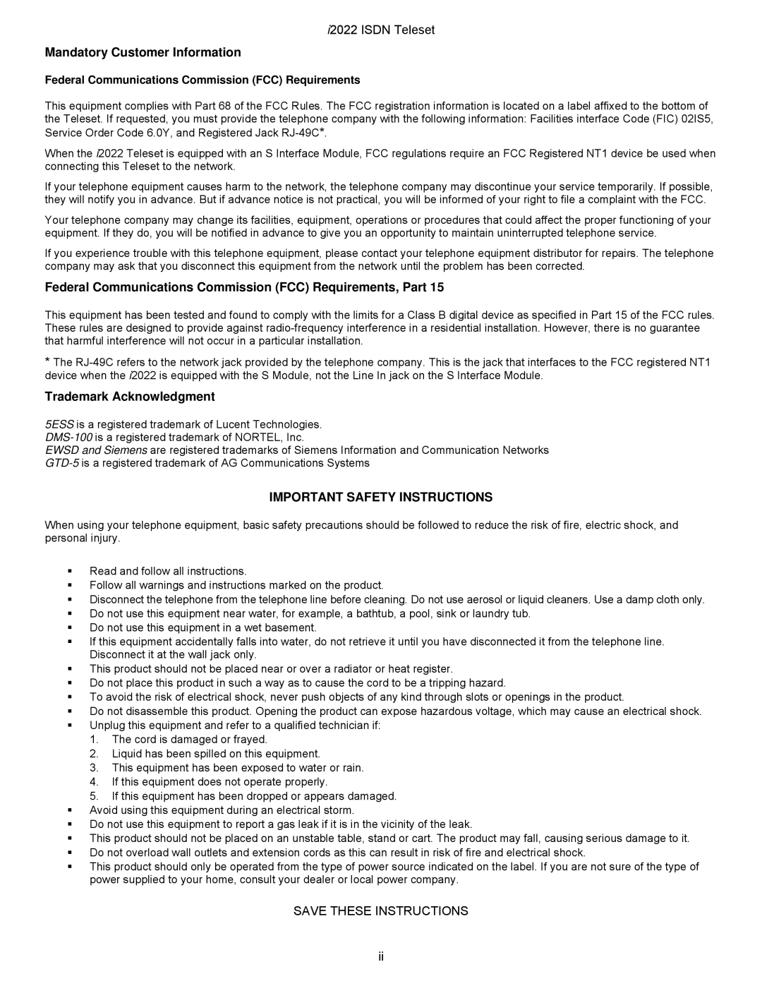 Nortel Networks i2022 Series Mandatory Customer Information, Federal Communications Commission FCC Requirements, Part 