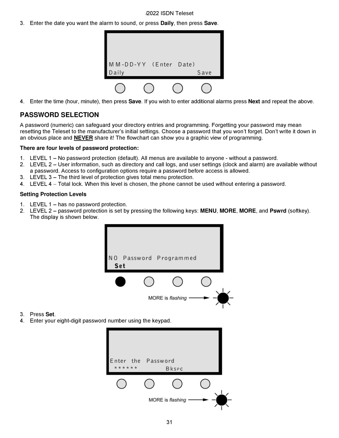 Nortel Networks i2022 Series Password Selection, There are four levels of password protection, Setting Protection Levels 