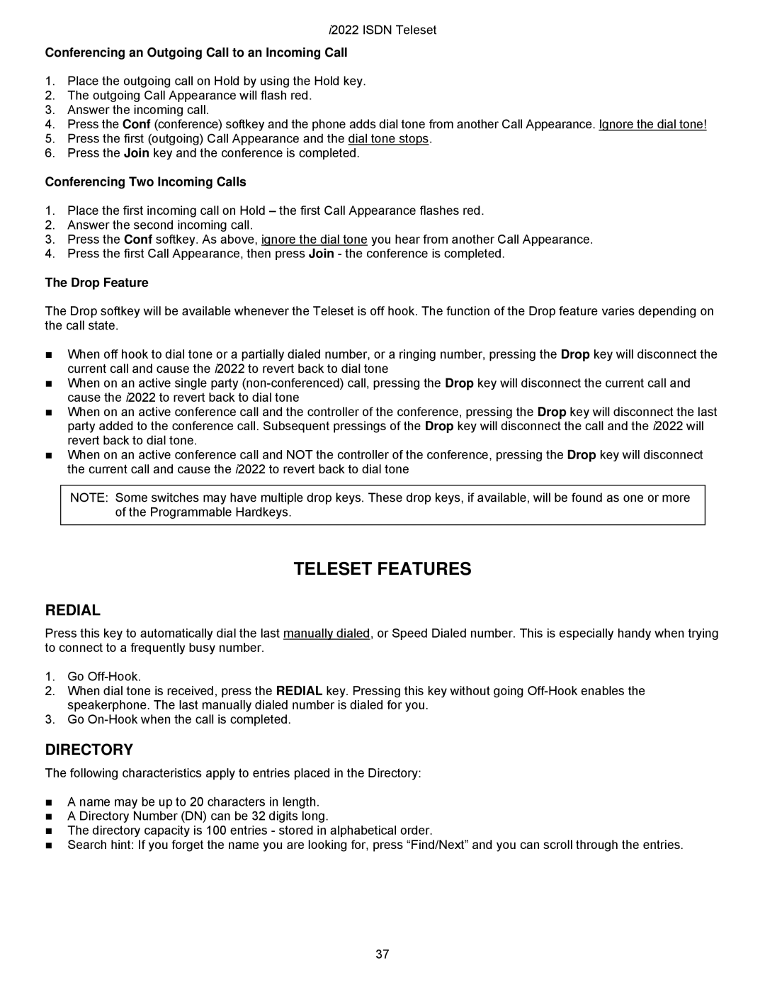 Nortel Networks i2022 Series manual Teleset Features, Redial, Directory 