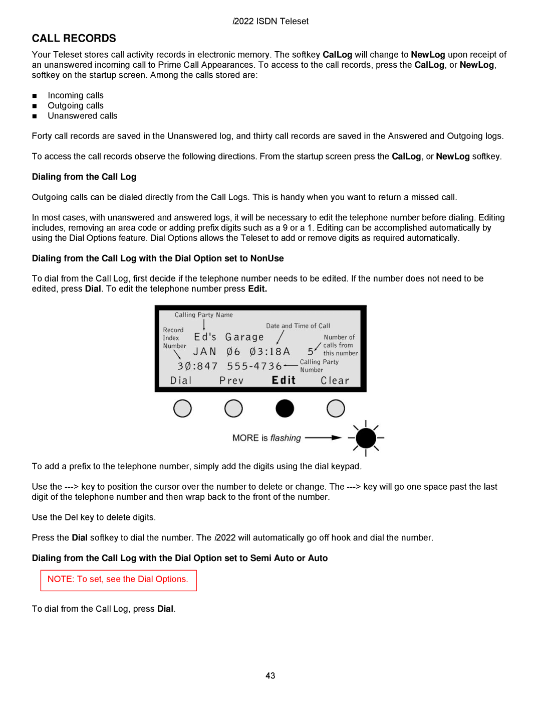 Nortel Networks i2022 Series manual Call Records, Dialing from the Call Log 