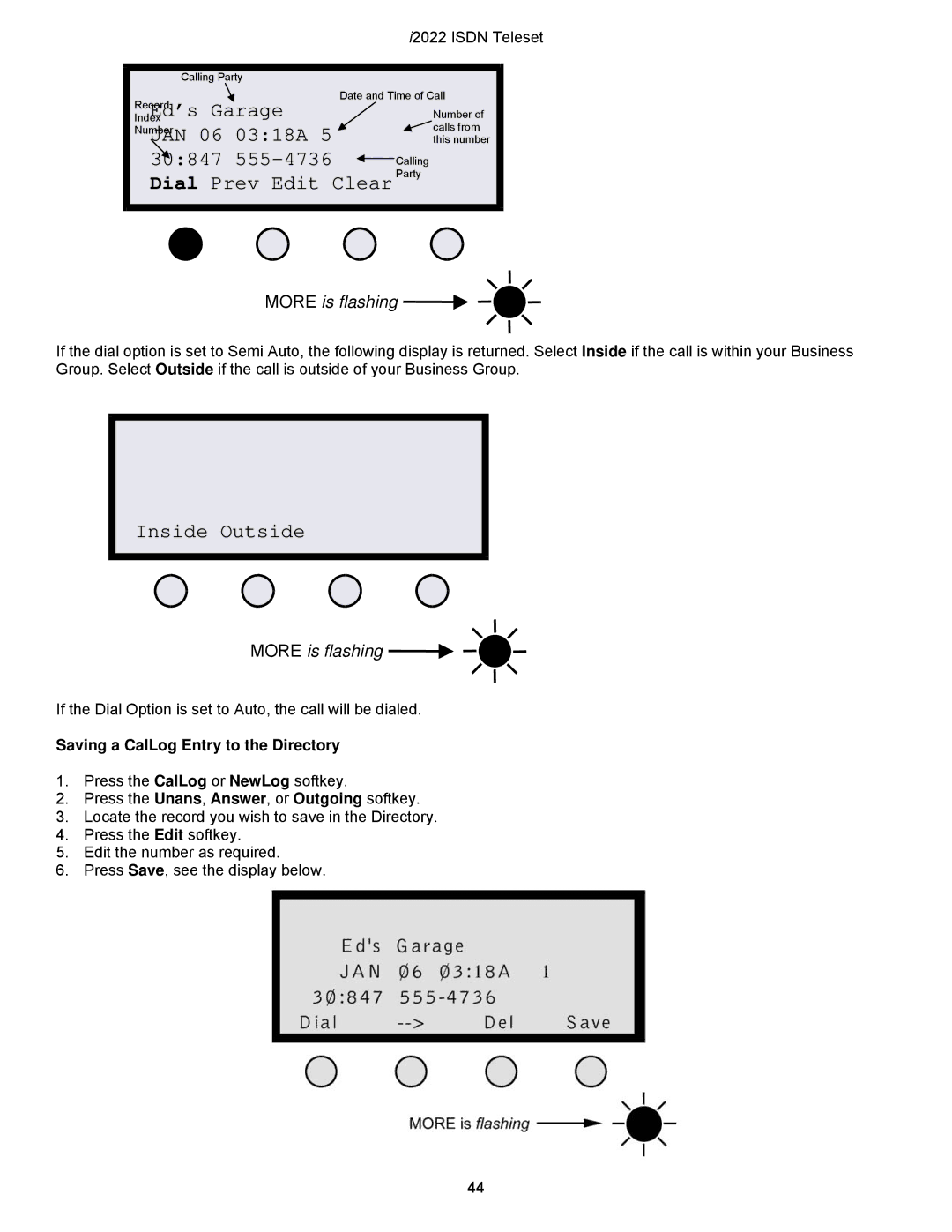 Nortel Networks i2022 Series manual Dial Prev Edit Clear Party, Saving a CalLog Entry to the Directory 