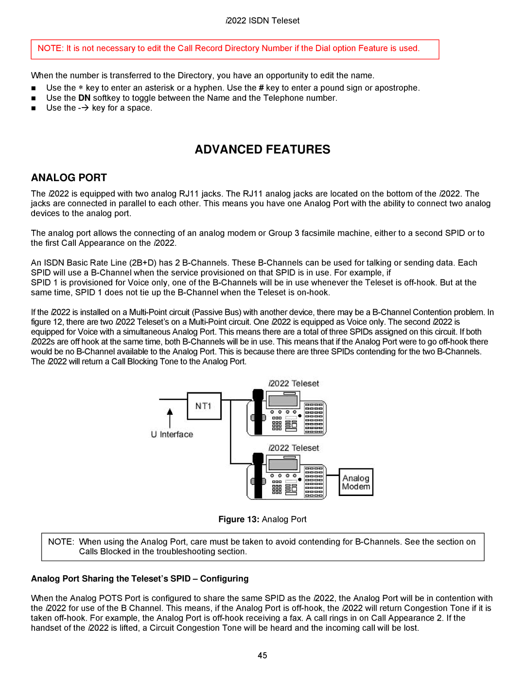 Nortel Networks i2022 Series manual Advanced Features, Analog Port 