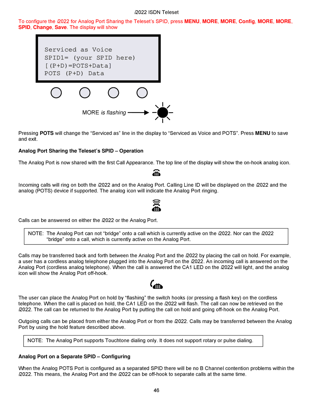 Nortel Networks i2022 Series Analog Port Sharing the Teleset’s Spid Operation, Analog Port on a Separate Spid Configuring 