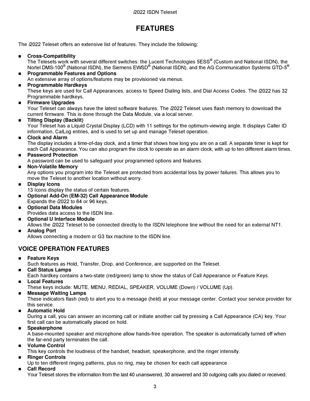 Nortel Networks i2022 Series manual Voice Operation Features 