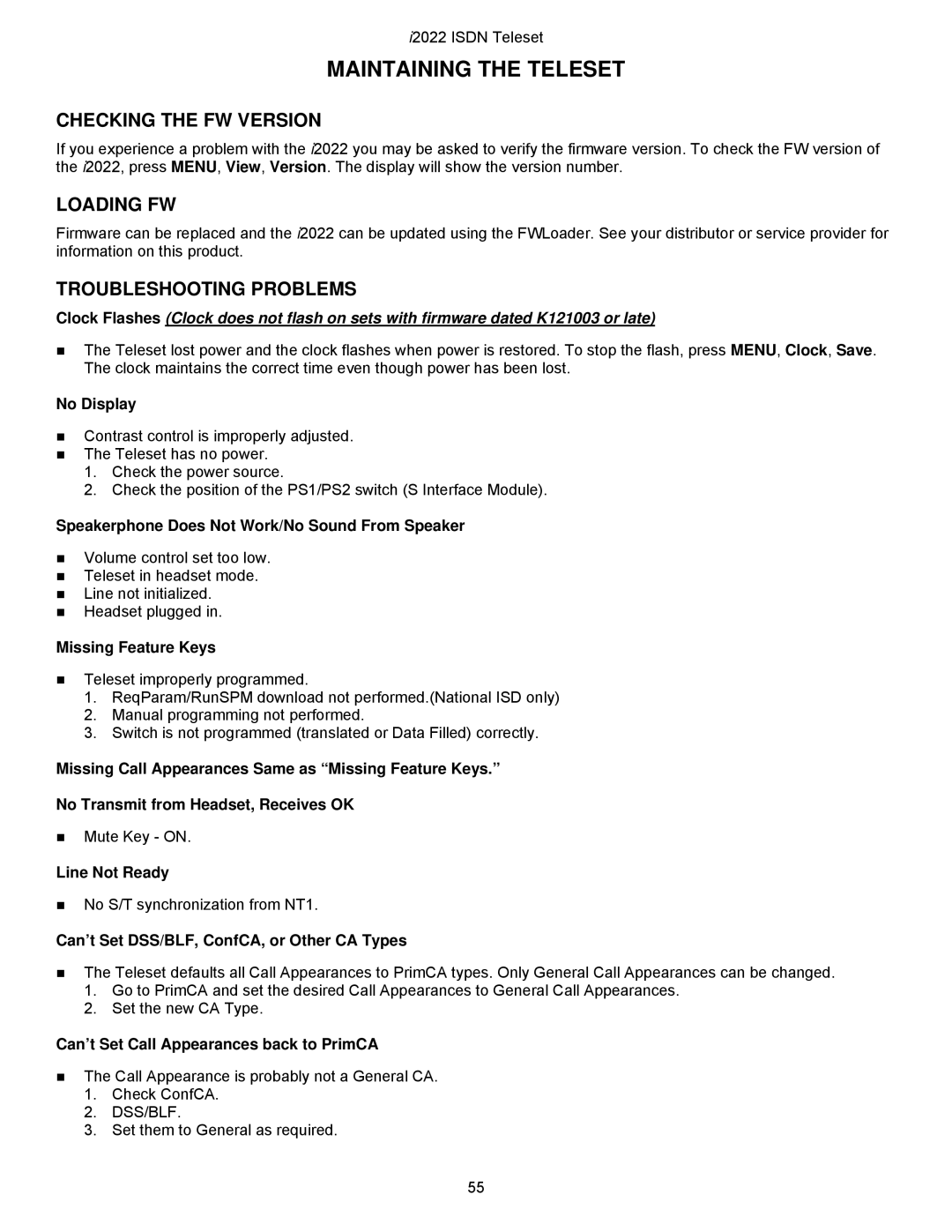 Nortel Networks i2022 Series manual Maintaining the Teleset, Checking the FW Version, Loading FW, Troubleshooting Problems 