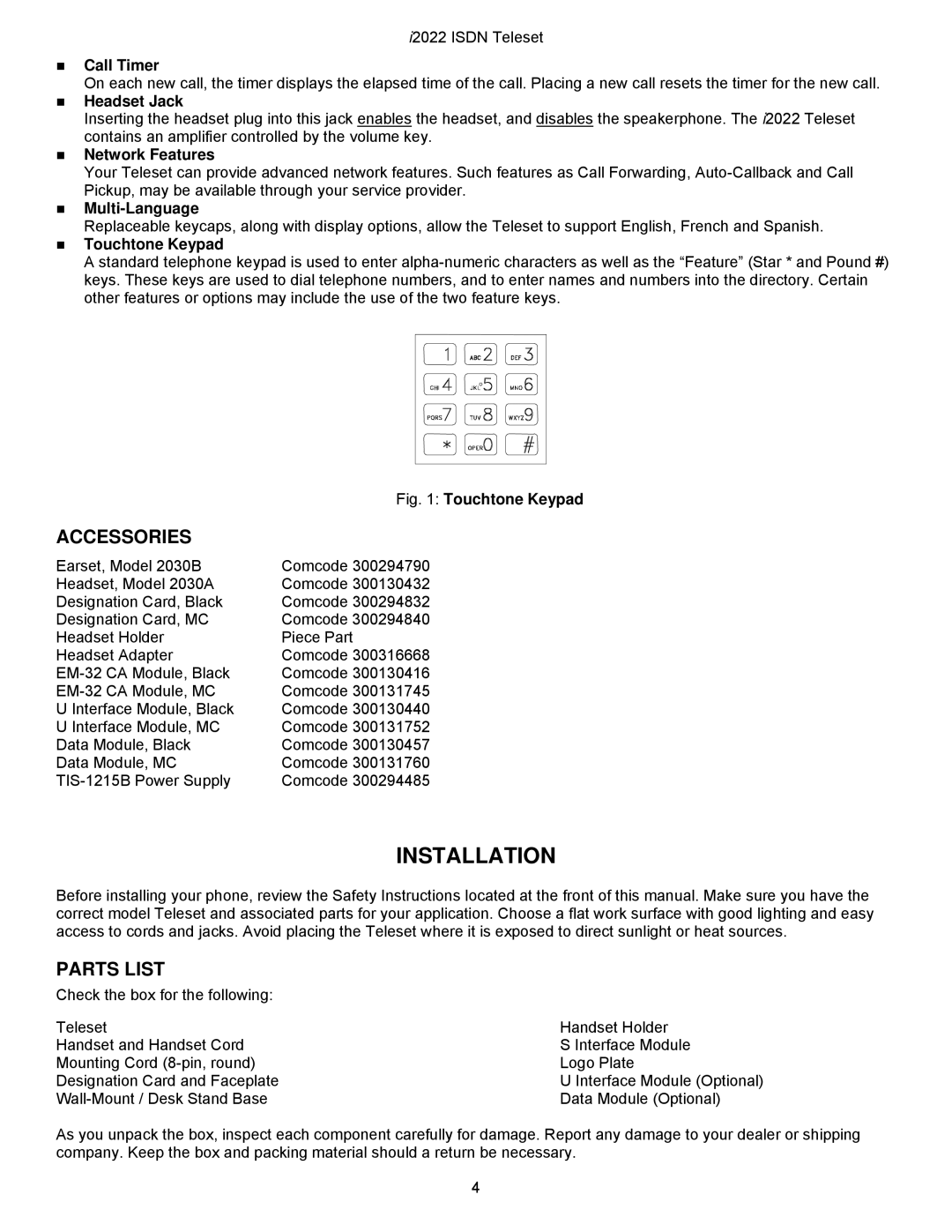 Nortel Networks i2022 Series manual Installation, Accessories, Parts List 