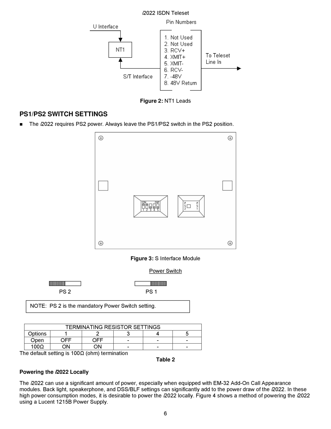 Nortel Networks i2022 Series manual PS1/PS2 Switch Settings, Powering the i2022 Locally 