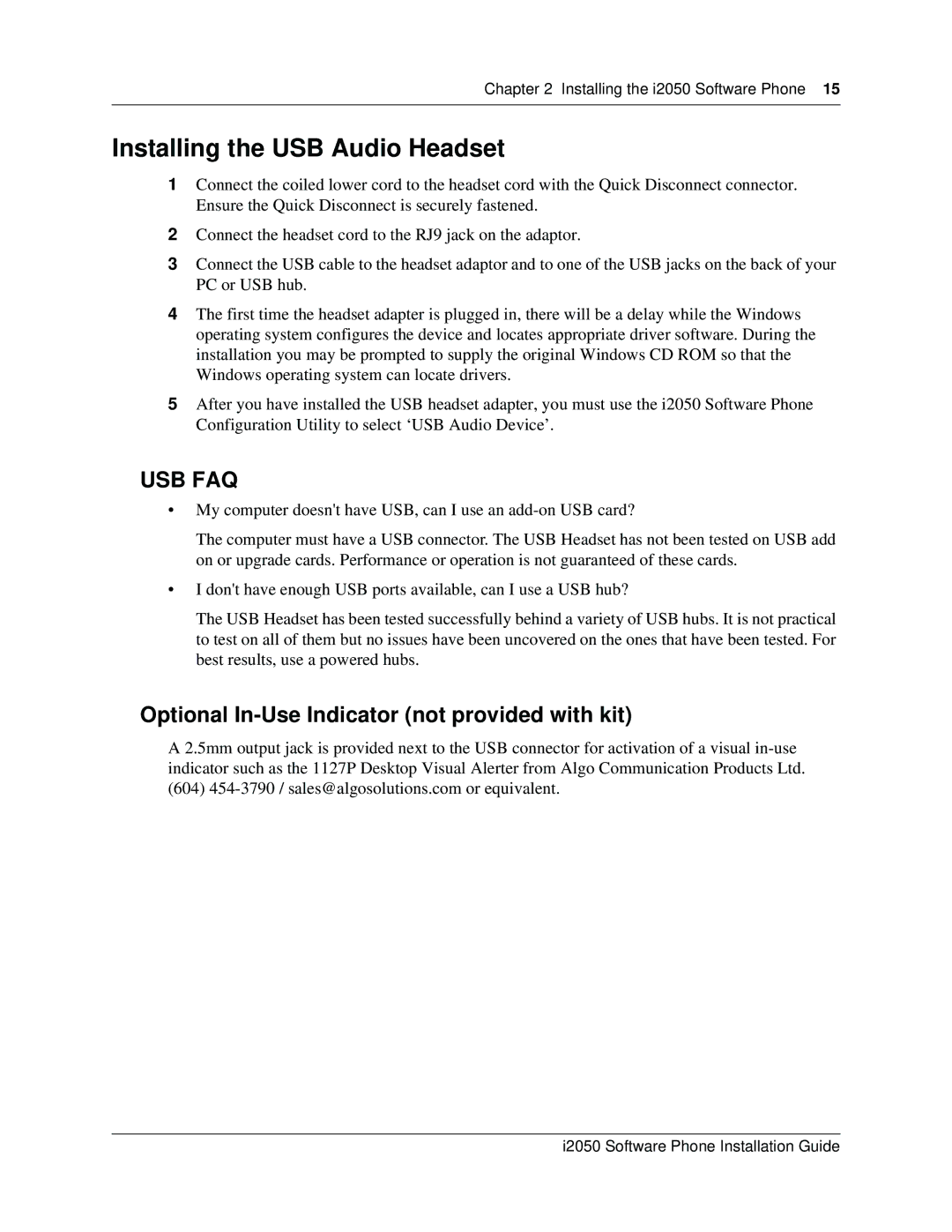 Nortel Networks i2050 manual Installing the USB Audio Headset, Optional In-Use Indicator not provided with kit 