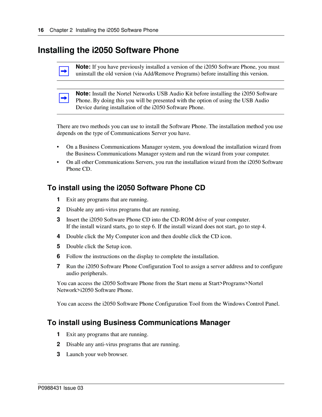 Nortel Networks manual Installing the i2050 Software Phone, To install using the i2050 Software Phone CD 