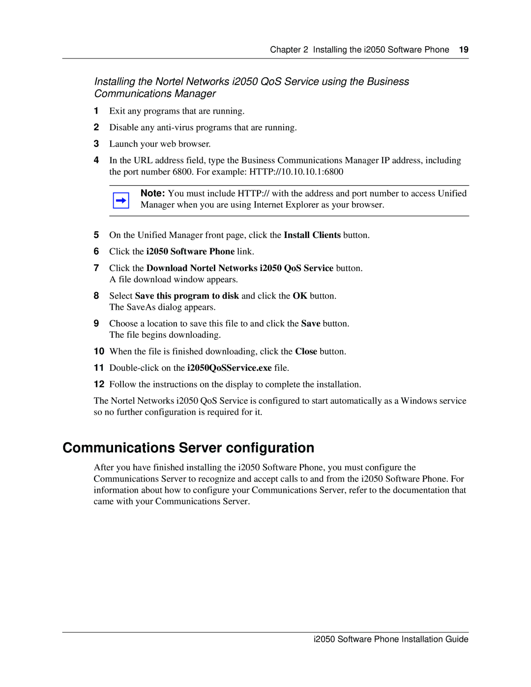 Nortel Networks i2050 manual Communications Server configuration 