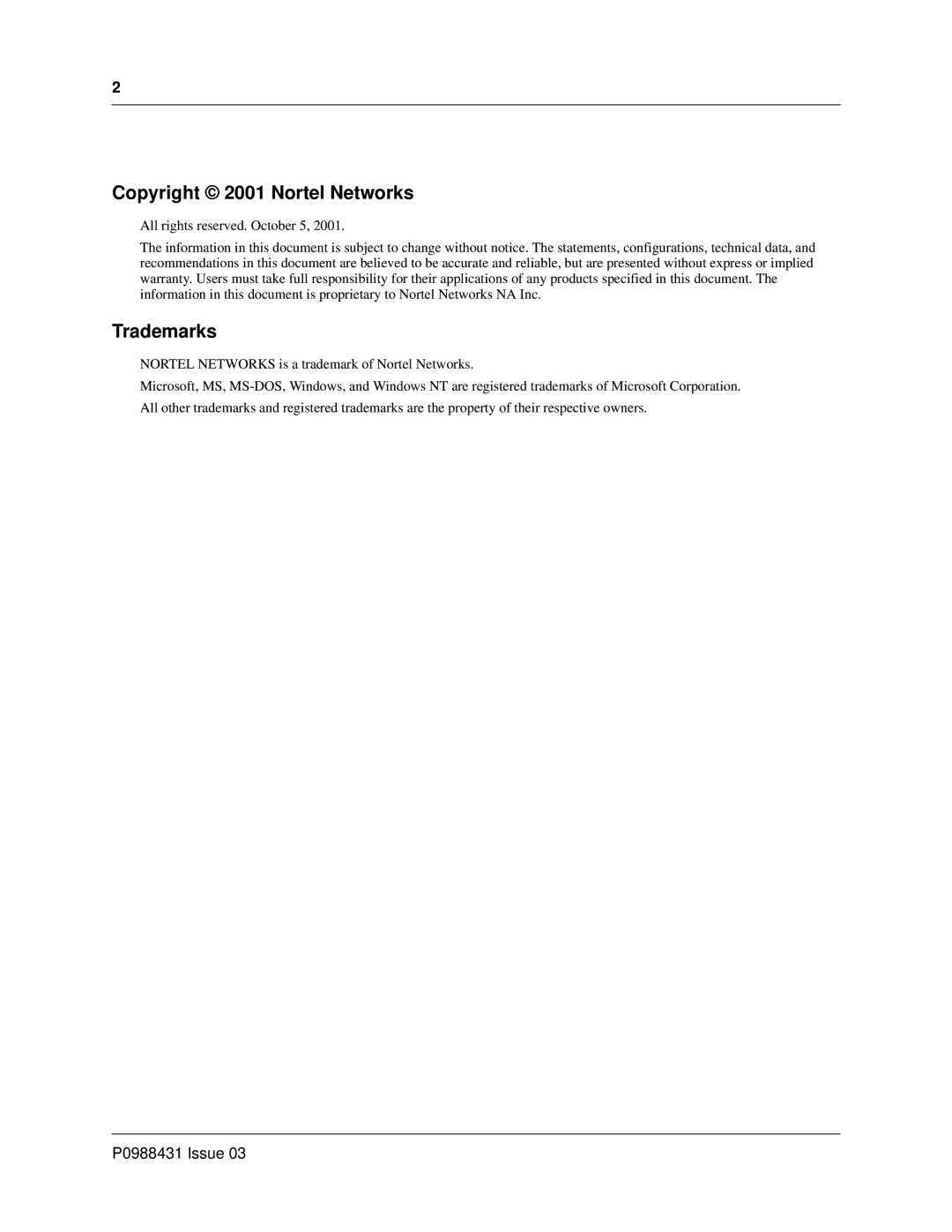 Nortel Networks i2050 manual Copyright 2001 Nortel Networks 