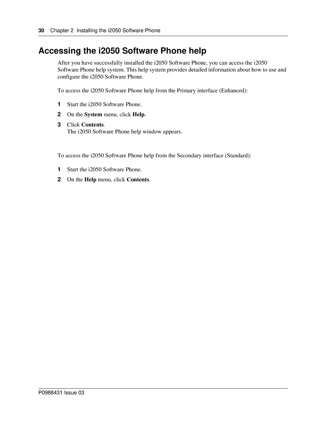 Nortel Networks manual Accessing the i2050 Software Phone help, Click Contents 