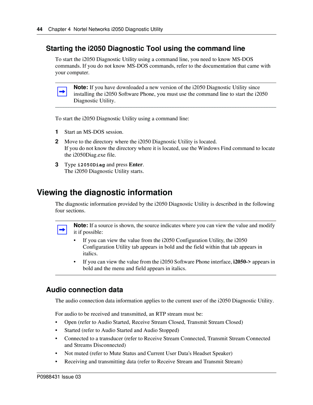 Nortel Networks manual Viewing the diagnostic information, Starting the i2050 Diagnostic Tool using the command line 