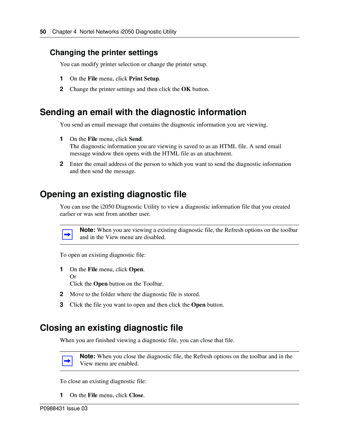 Nortel Networks i2050 manual Sending an email with the diagnostic information, Opening an existing diagnostic file 