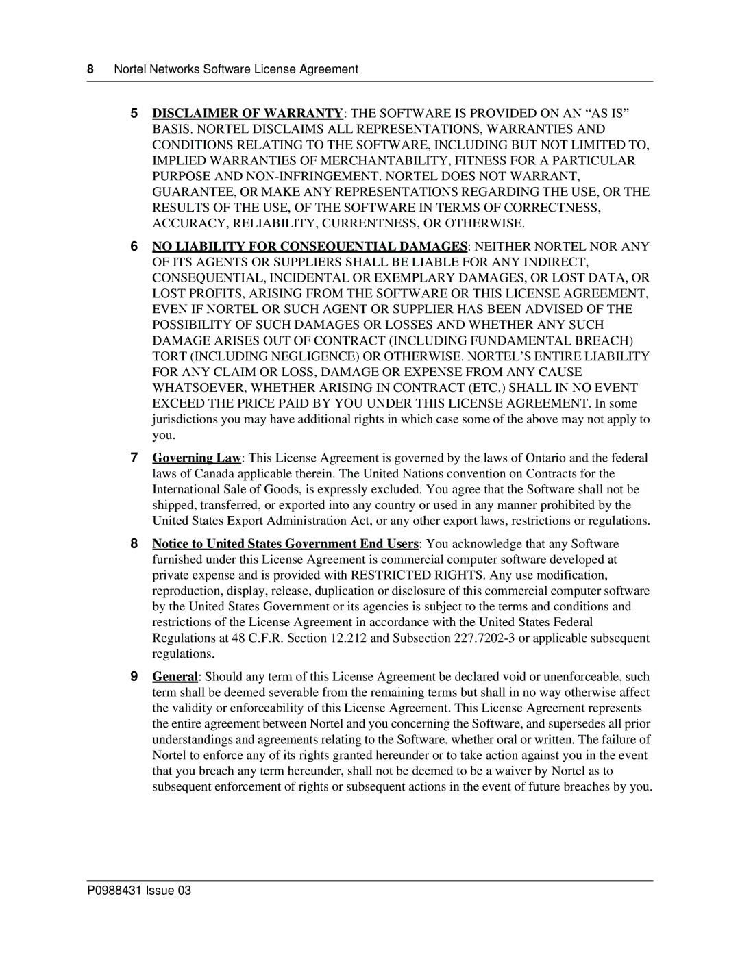 Nortel Networks i2050 manual Nortel Networks Software License Agreement 