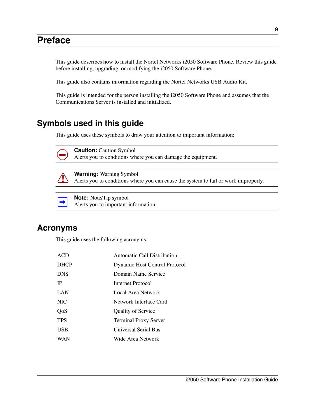 Nortel Networks i2050 manual Preface, Symbols used in this guide, Acronyms 