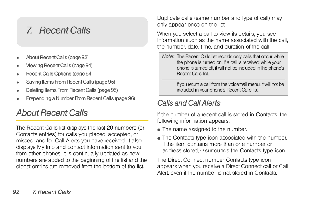 Nortel Networks I680 manual About Recent Calls, Calls and Call Alerts, 92 7. Recent Calls 