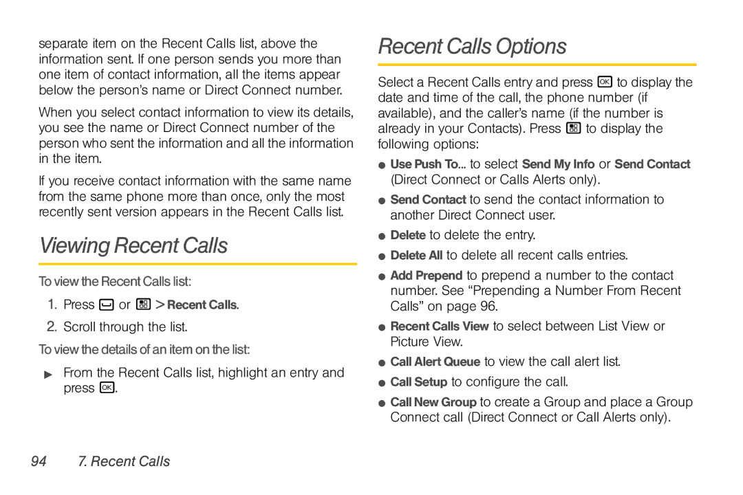 Nortel Networks I680 manual Viewing Recent Calls, Recent Calls Options, Toview theRecentCallslist, 94 7. Recent Calls 