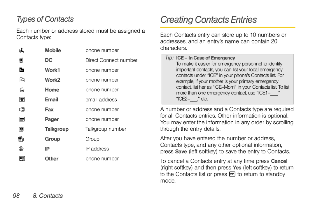 Nortel Networks I680 manual Creating Contacts Entries, Types of Contacts, 98 8. Contacts 