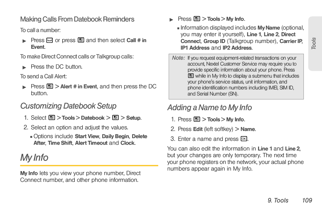 Nortel Networks I680 Customizing Datebook Setup, Adding a Name to My Info, MakingCallsFromDatebookReminders, Tools 109 