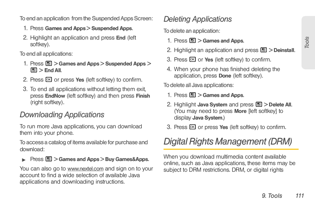 Nortel Networks I680 manual Digital Rights Management DRM, Downloading Applications, Deleting Applications, Tools 111 