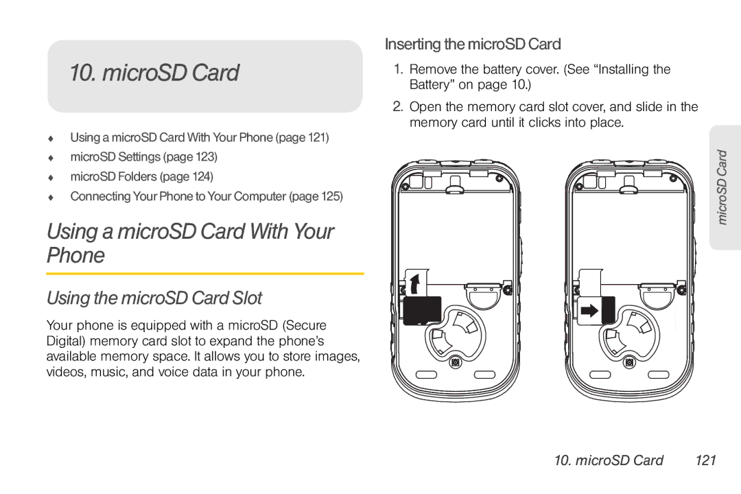 Nortel Networks I680 manual Using a microSD Card With Your Phone, Using the microSD Card Slot, MicroSD Card 121 