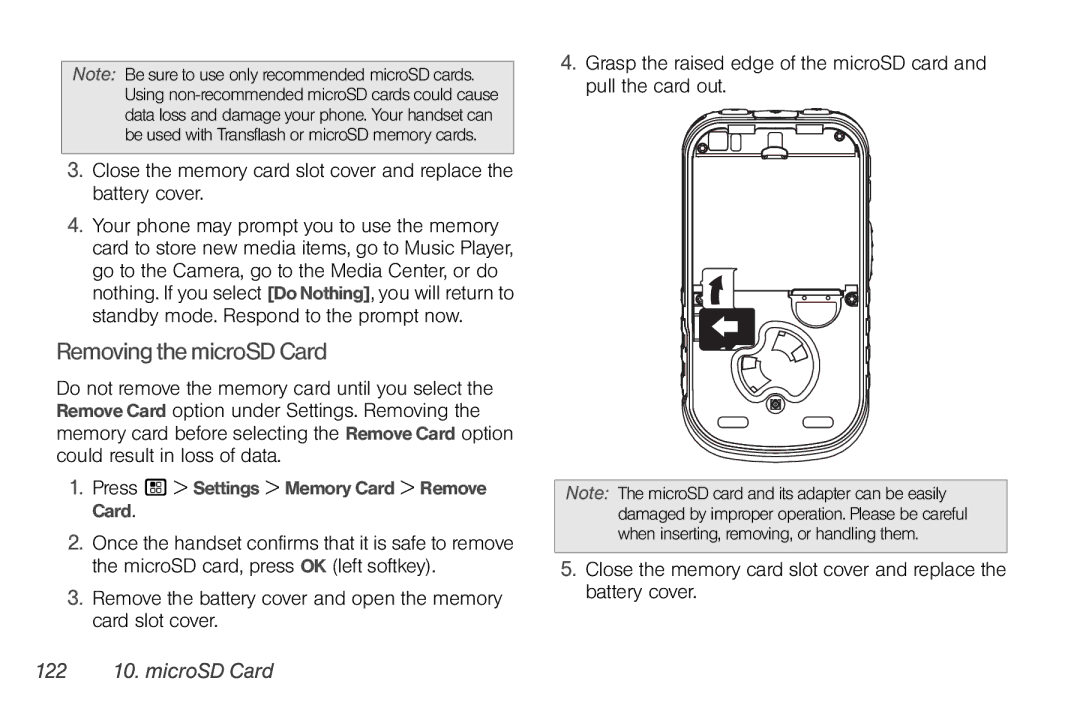 Nortel Networks I680 manual RemovingthemicroSDCard, 122 10. microSD Card, Press / Settings Memory Card Remove Card 