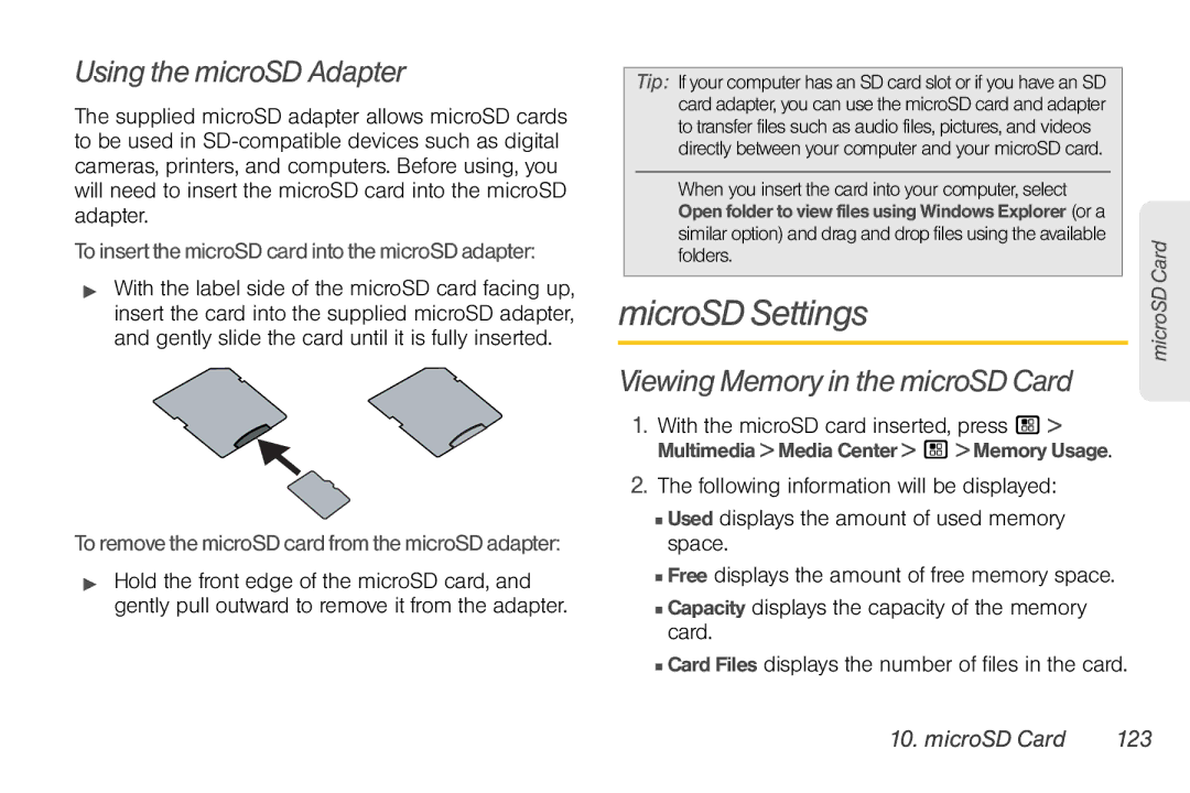 Nortel Networks I680 MicroSD Settings, Using the microSD Adapter, Viewing Memory in the microSD Card, MicroSD Card 123 