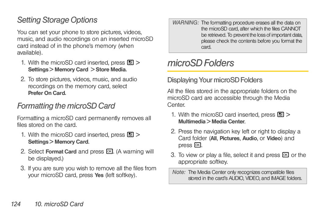 Nortel Networks I680 MicroSD Folders, Setting Storage Options, Formatting the microSD Card, DisplayingYourmicroSDFolders 