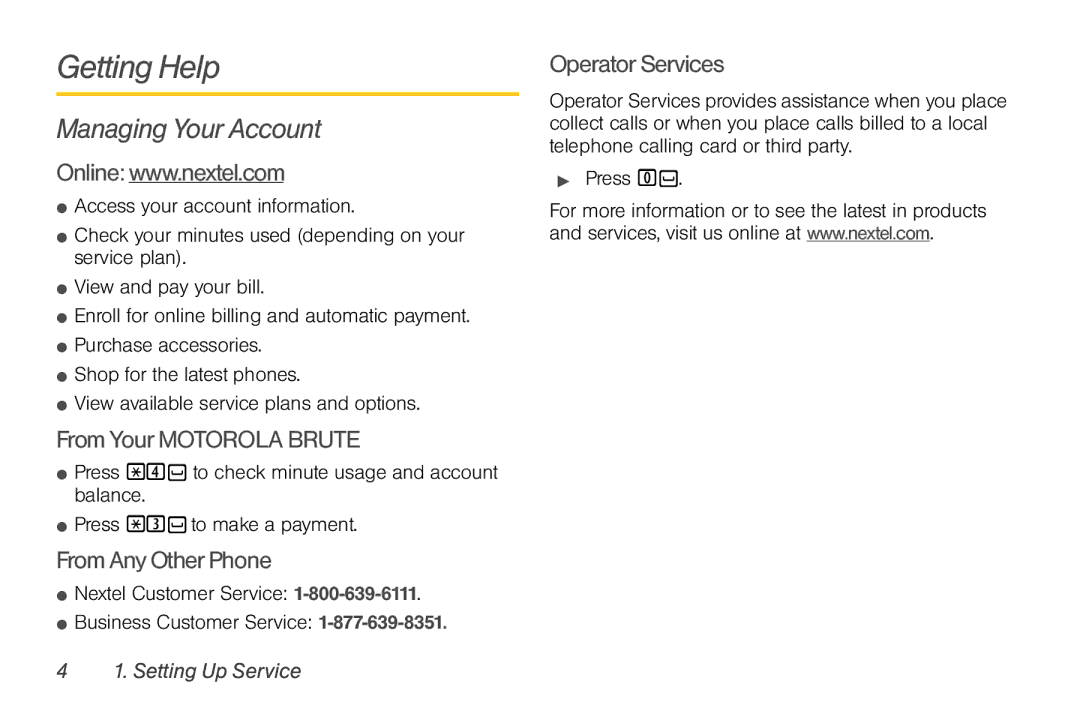 Nortel Networks I680 Getting Help, Managing Your Account, FromYourMOTOROLA Brute, FromAnyOtherPhone, OperatorServices 