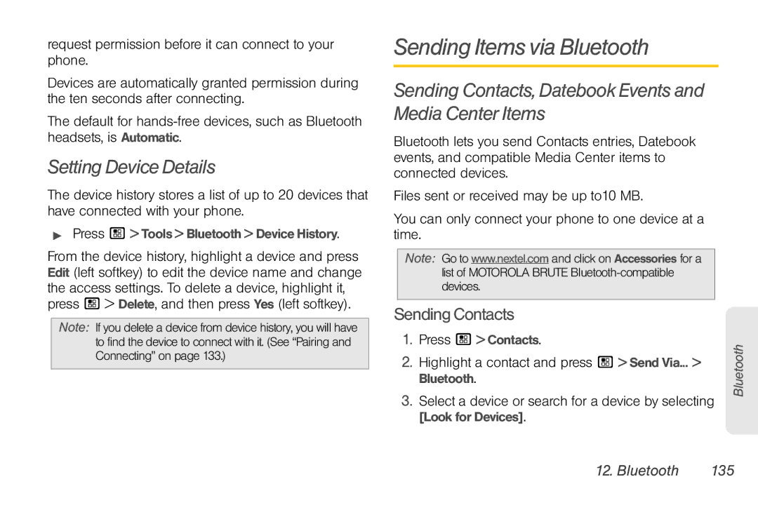 Nortel Networks I680 manual Sending Items via Bluetooth, Setting Device Details, SendingContacts, Bluetooth 135 