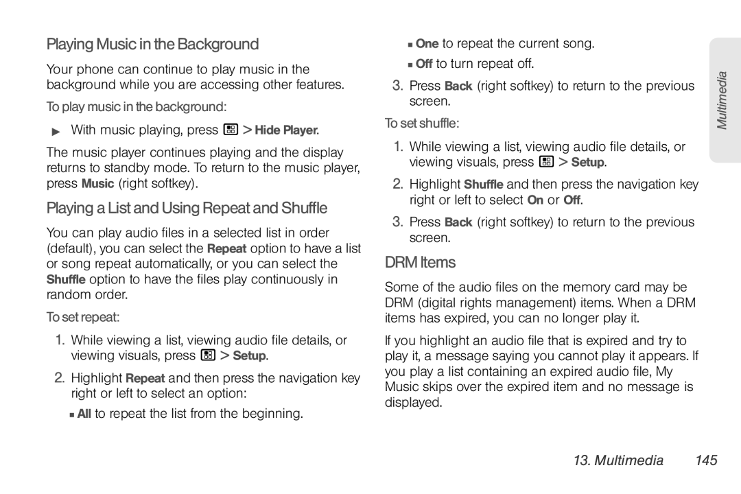 Nortel Networks I680 manual PlayingMusicintheBackground, PlayingaListandUsingRepeatandShuffle, DRMItems, Multimedia 145 